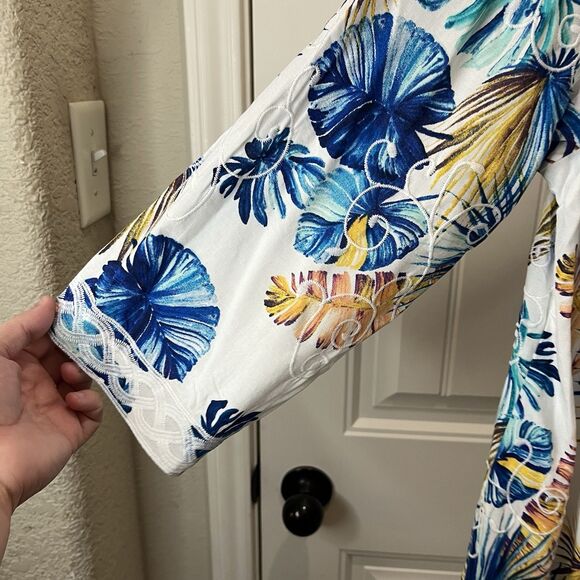 Chicos Size 1 Floral Tropical Palm Leaf Open Front Waterfall Cardigan Kimono M - Picture 5 of 11